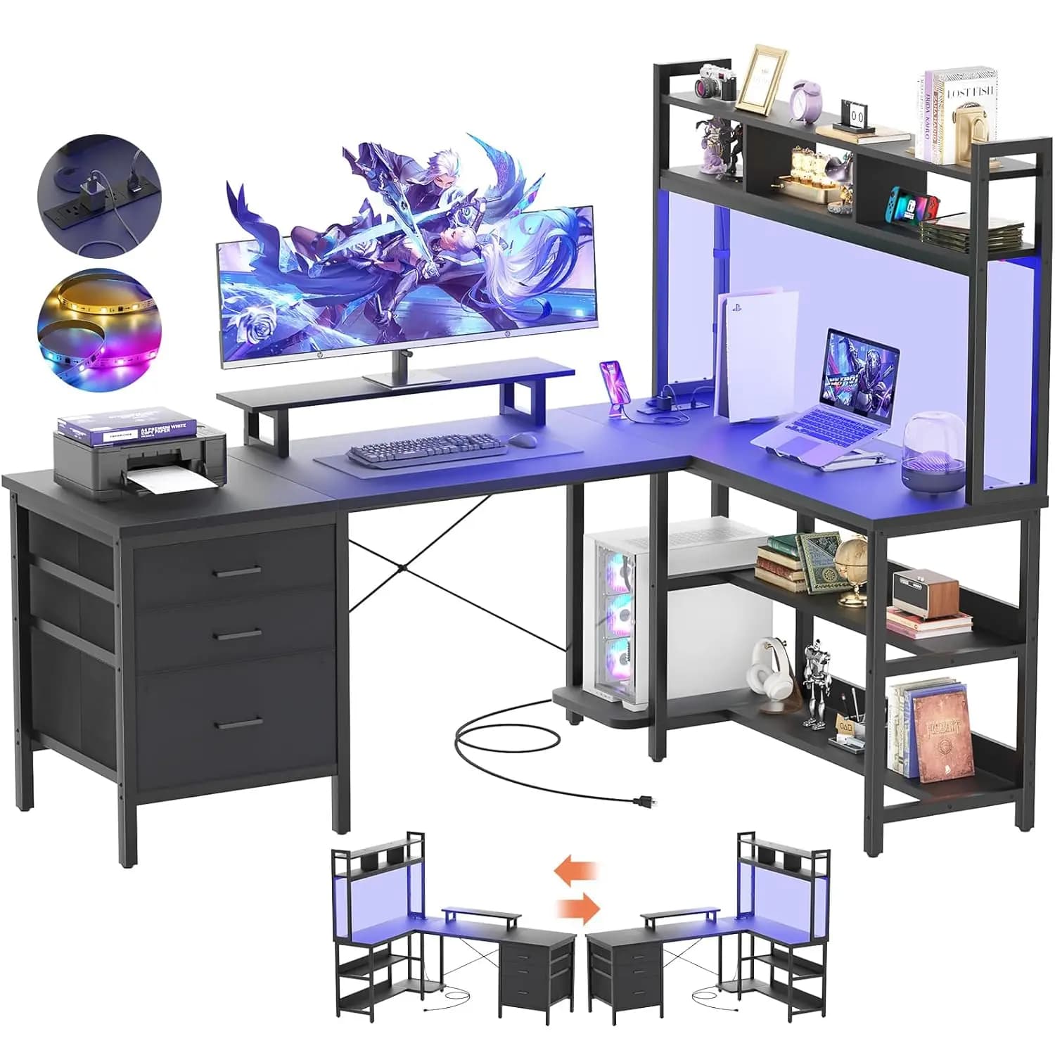 L-Shaped Gaming Desk with Hutch, LED Lights, Power Outlet, File Drawer, Monitor Stand, Shelves, Home Office, Black, Customized