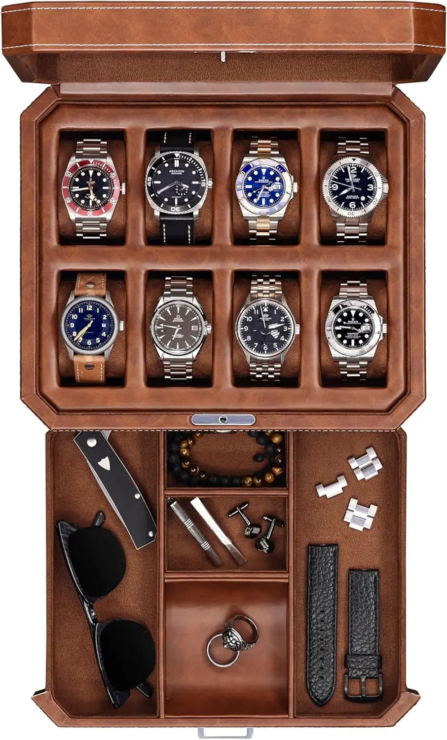 Scatola Porta Orologi in Pelle a 8 Scomparti con Cassetto Portaoggetti - Espositore con Chiusura, Coperchio in Vetro Vero, Organizzatore di Gioielli per Uomo e Donna (Marrone Chiaro/Marrone)