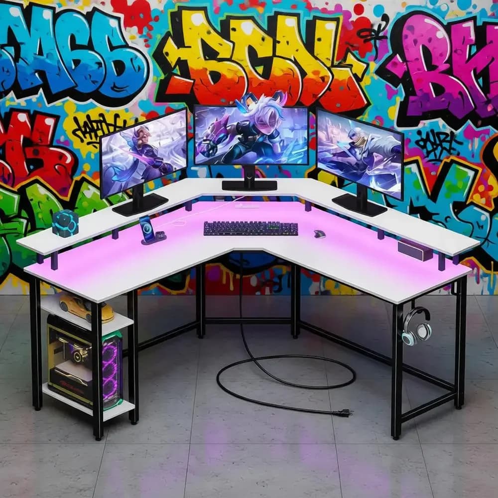 Scrivania da gioco a forma di L con illuminazione a LED 53 con supporto per monitor, portaoggetti, ganci e superficie bianca reversibile