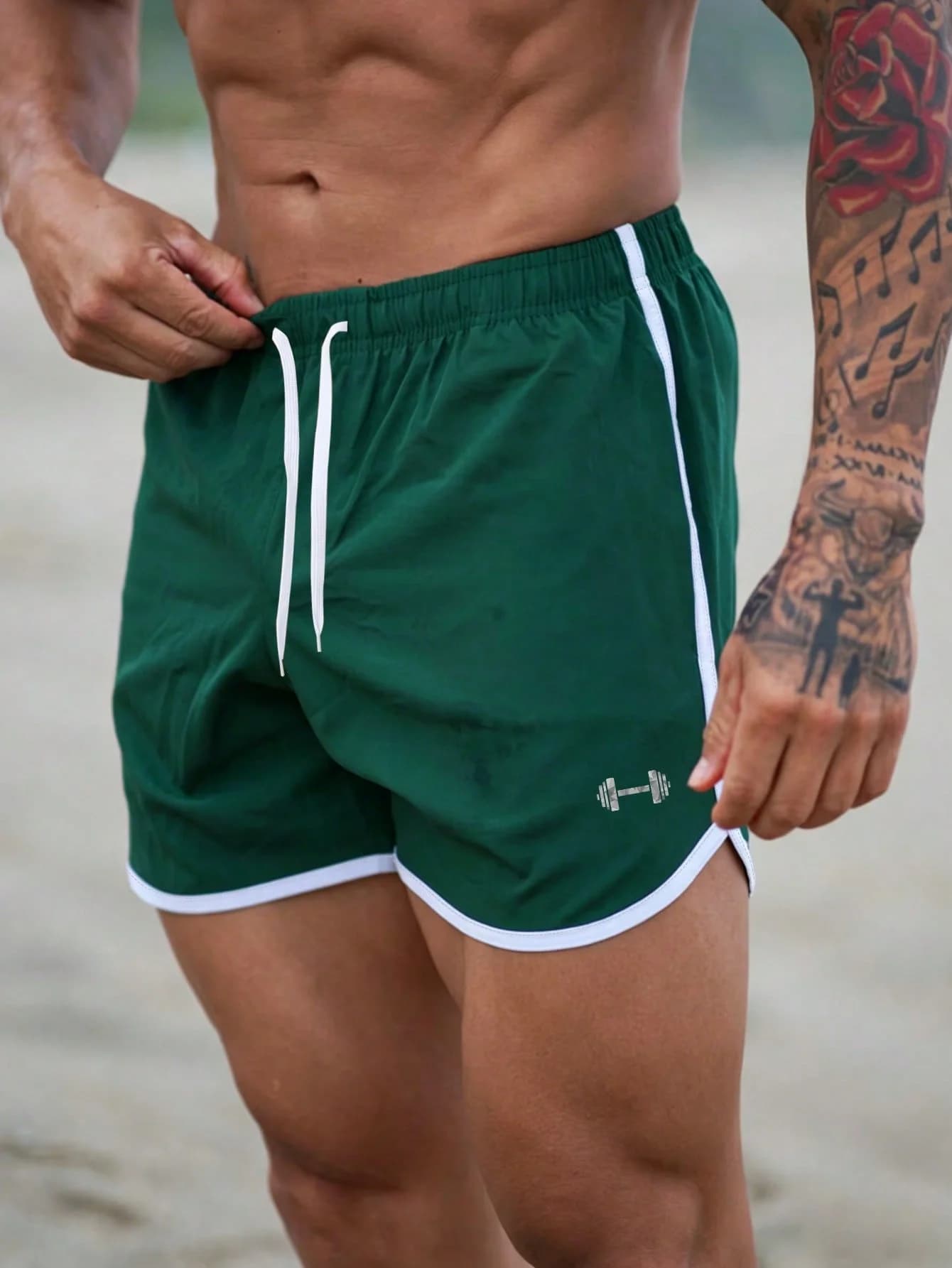 Pantaloncini da palestra da uomo, pantaloncini sportivi primaverili/estivi traspiranti ad asciugatura rapida, pantaloncini sportivi verdi con stampa di manubri per allenamento, corsa e spiaggia