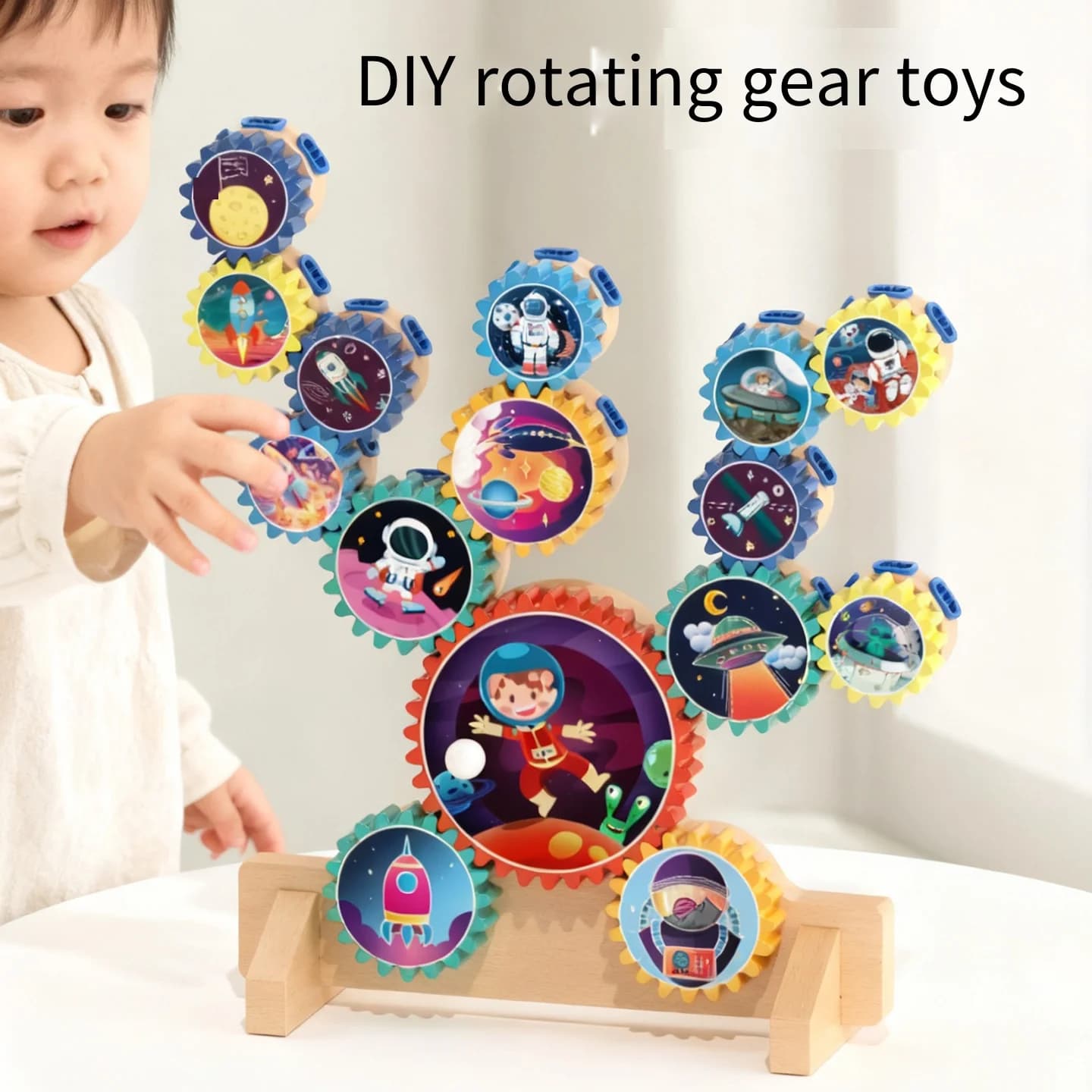 Giocattolo con ingranaggi rotanti fai-da-te - Tema spaziale Blocchi di costruzione creativi Set di ingranaggi di collegamento per bambini Giocattolo educativo con puzzle rotante