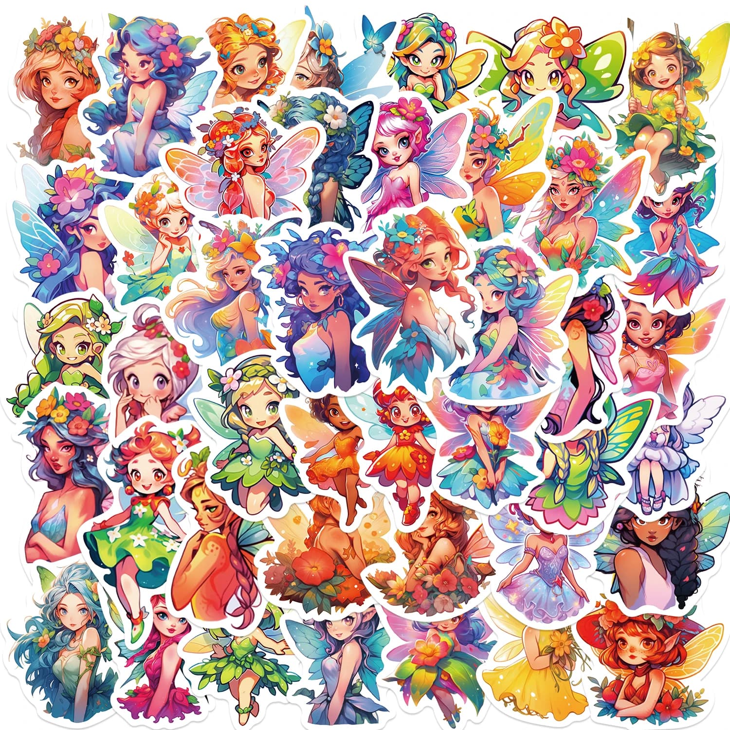 50 pieces of cute fairy flower stickers cartoon for laptop water bottle notebook phone decals in waterproof graffiti vinyl