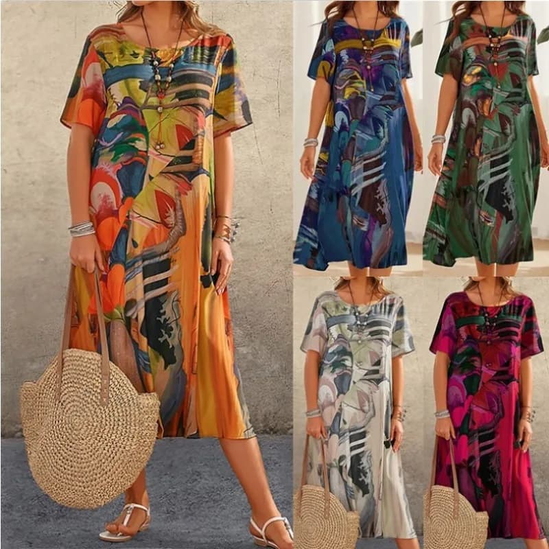 Abito estivo casual con stampa floreale da donna, vestito lungo a maniche corte con scollo rotondo, stile Cleanfit, gonna a trapezio in fibra di poliestere