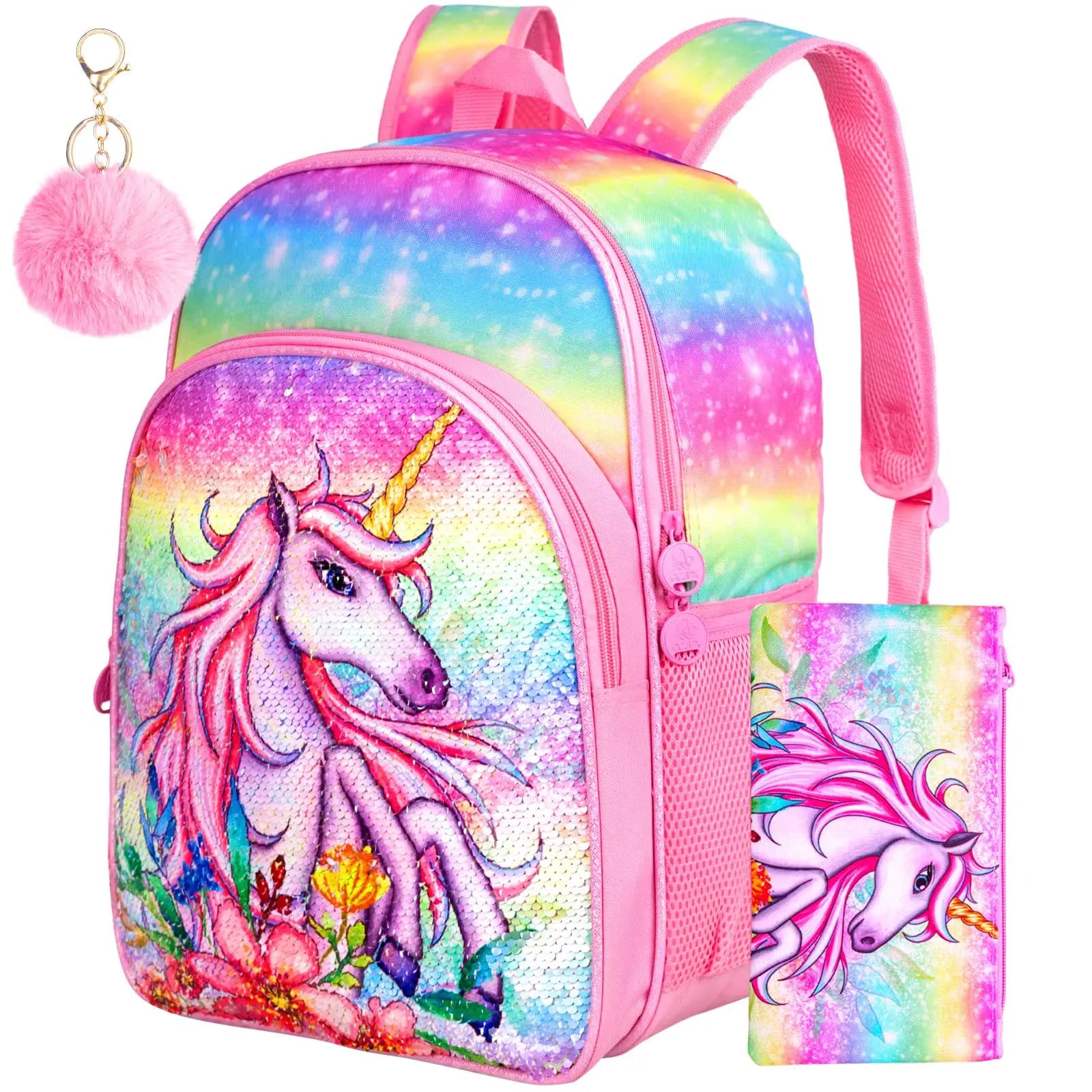Zaino per ragazze da 3 pezzi, zaino per scuola elementare con paillettes unicorno da 16 pollici e borsa per il pranzo