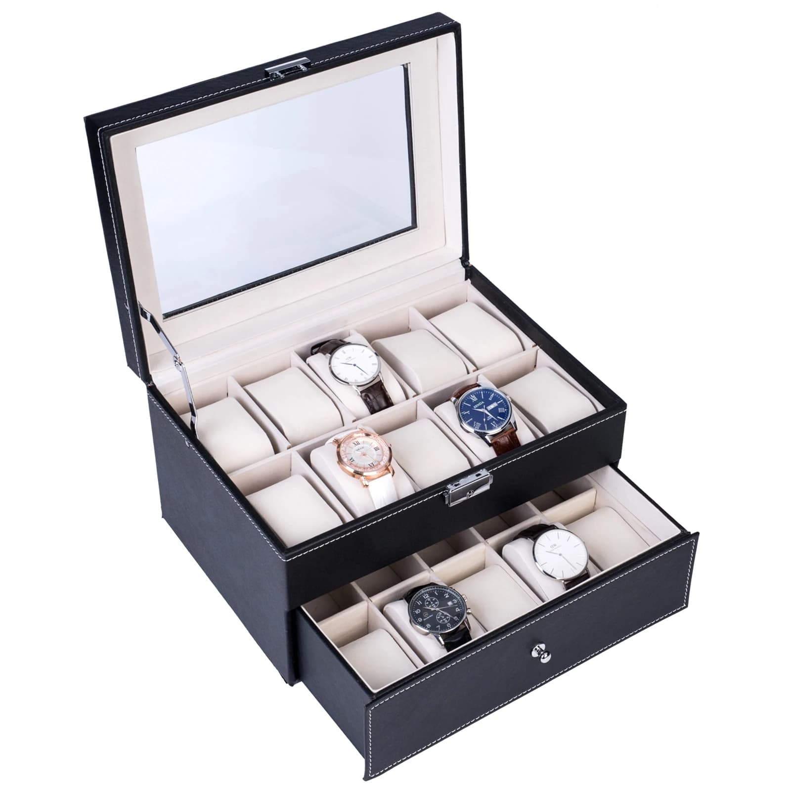 Elegant Wooden Watch Collection Box Dual Layers 20 Compartments Black Watch Storage Case for Watch Enthusiasts