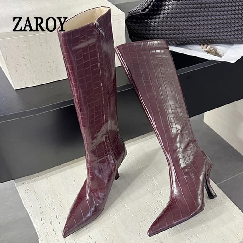 ZAROY Brand Designer Burgundy Knee High Woman Boots Thin Heels Pointed Toe Side Zipper PU Leather Long Boots Luxury Party Botas