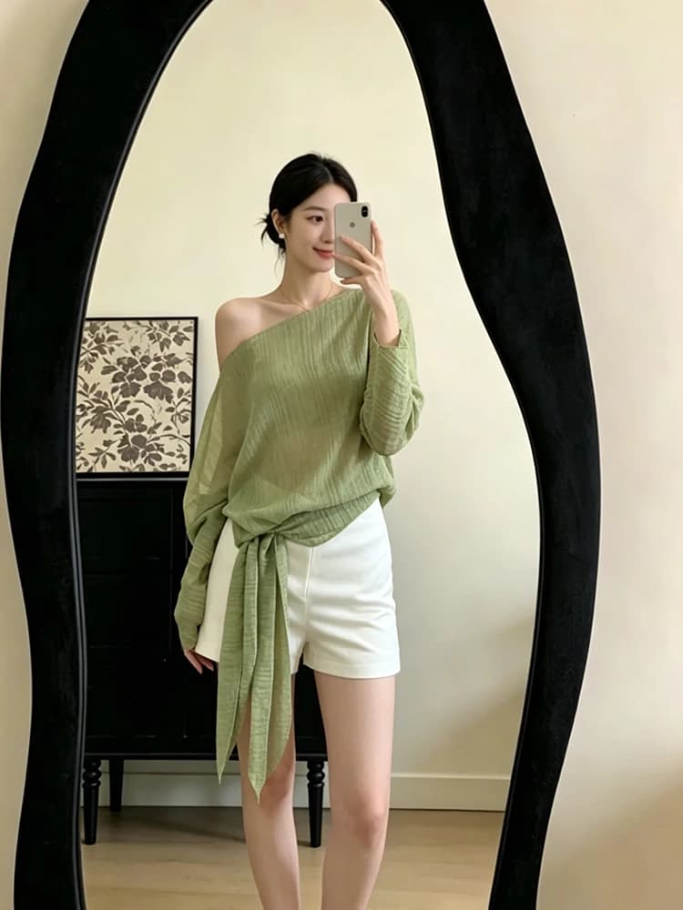 2026 Summer New Lazy Loose Green Texture Sundress with Belt White Shorts Women's Set High Waist Short Pants Polyester Fiber