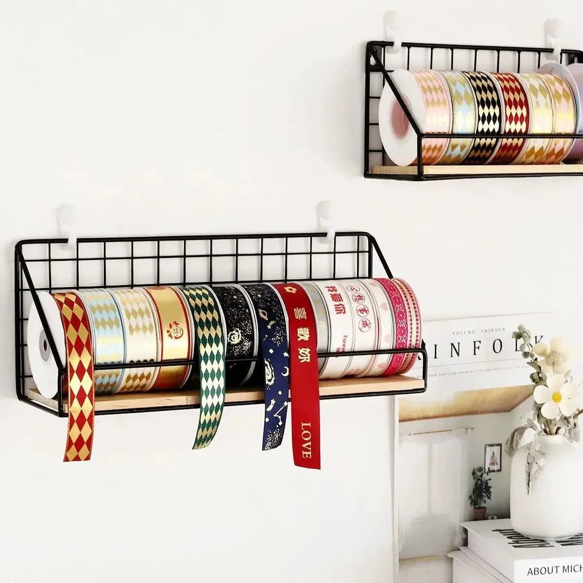 Scatola porta nastri in ferro da parete senza foratura, espositore per pasticceria, negozio di fiori, organizer da scrivania, porta nastri