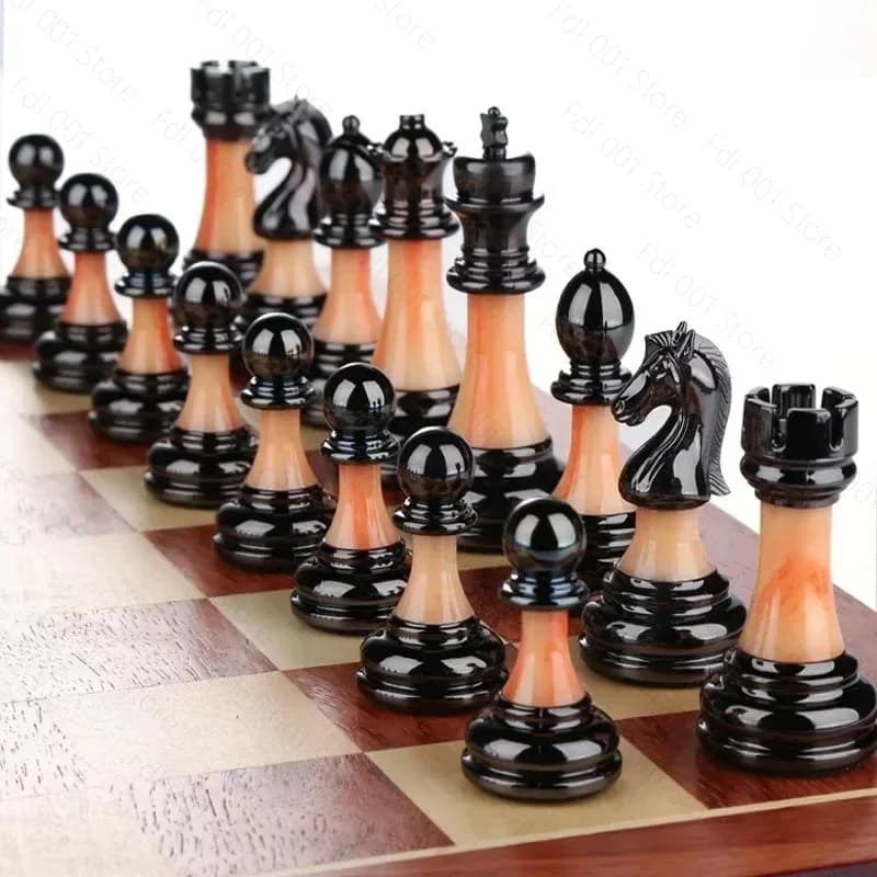 Luxury Solid Wood Chess Board with Folding Storage Imitation Jade Chess Pieces Home Decorative Game Set