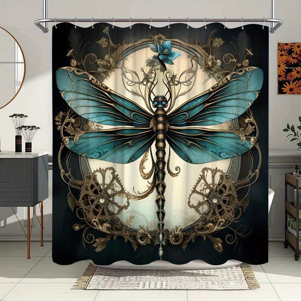 Tenda da doccia con libellula barocca - Ali verde acqua e nere, ornamento dorato, poliestere resistente all'acqua, 12 ganci, estetica vittoriana