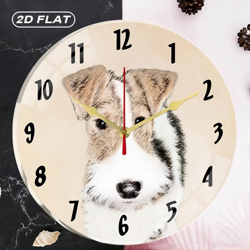 Fox Terrier silent acrylic round wall clock, without ticking, for home decoration, office, classroom, living room, bedroom, kitchen, gift