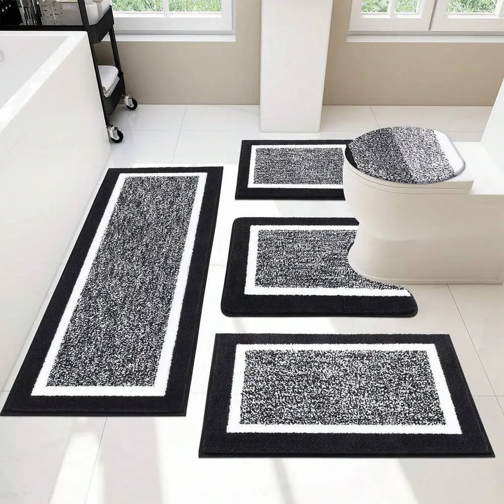 Set di Tappeti da Bagno 5 Pezzi con Coperchio, Tappetini per Doccia con Contorno a U, Tappetino per WC in Microfibra Assorbente e Morbida