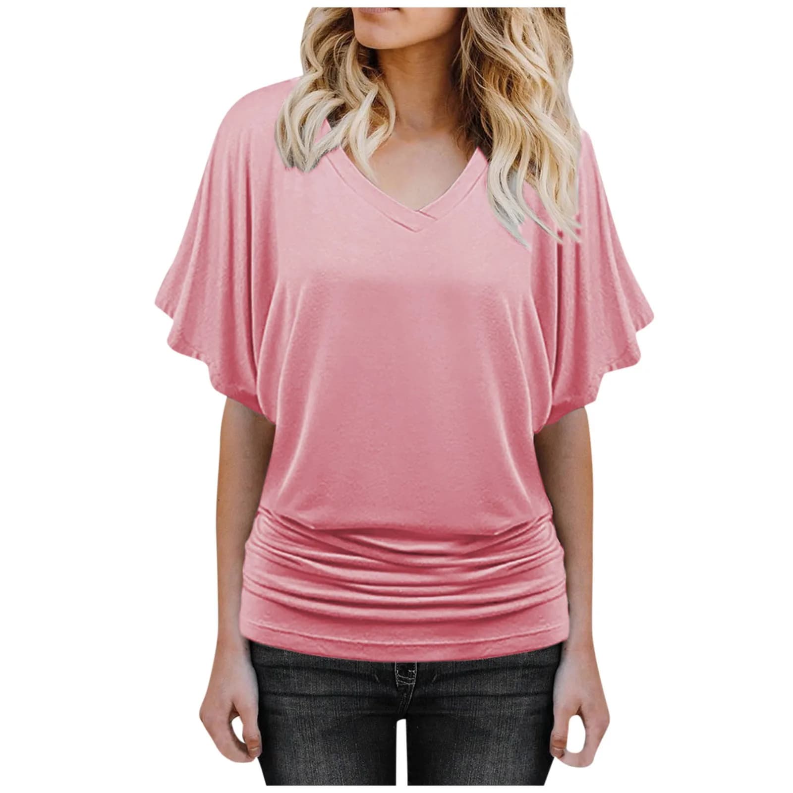 T-shirt tinta unita con scollo a V a maniche corte estiva morbida e pieghettata Top quotidiano classico morbido e confortevole alla moda per donna