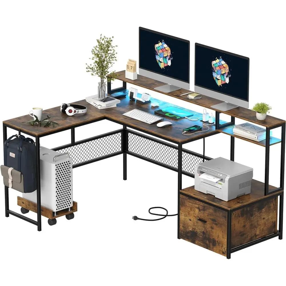 L Shaped Desk with Ders, 66" Home Oice Desk with Power Outlet and Led Strip, Computer Desk with Storage Shelves & Monitor Stand,