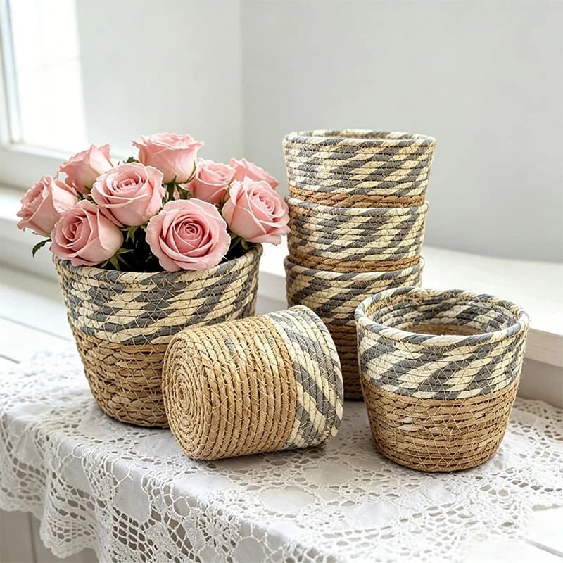 2Pcs Woven Straw Plant Basket, Handmade Seagrass Flower Pot Cover, Decorative Planter Basket for Indoor Outdoor Garden Balcony