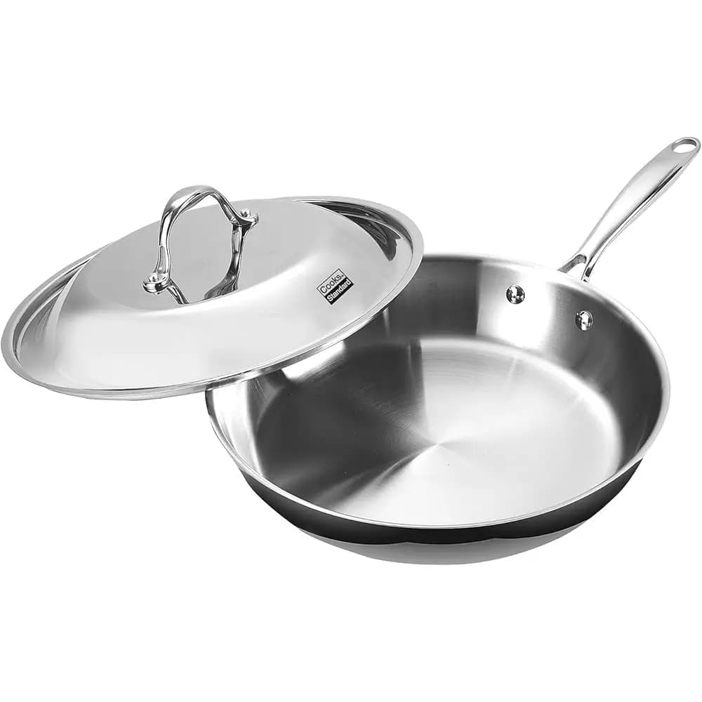 Padella in Acciaio Inossidabile da 12 Pollici, Wok Multistrato per Frittura e Saltare in Padella con Coperchio a Cupola, Manico Anti-Calore, D
