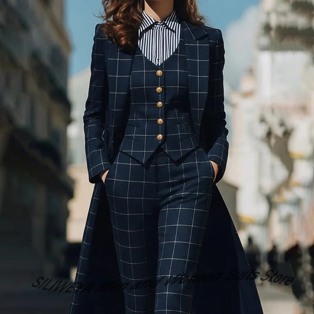 Sophisticated Navy Blue Women's Plaid Blazers and Suit Sets Tailored Long Jacket+Vest+Pants 3 Piece for Formal Professional Wear