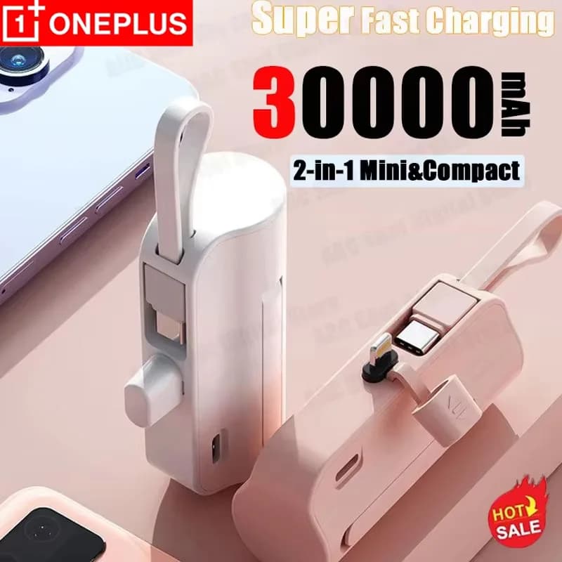 OnePlus 30000mAh Mini Power Bank Staffa Capsula Built Cable Portable Quick Charger External Battery Power Bank for iPhone Type C