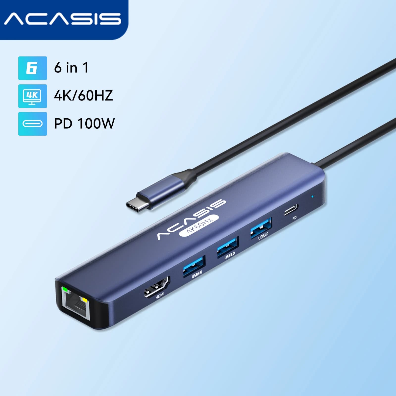 Acasis 6 in 1 USB 3.0 Docking Station USB Hub 4K 30/60HZ PD 100W Splitter USB Converter For Keyboard Mouse Printer USB Hub