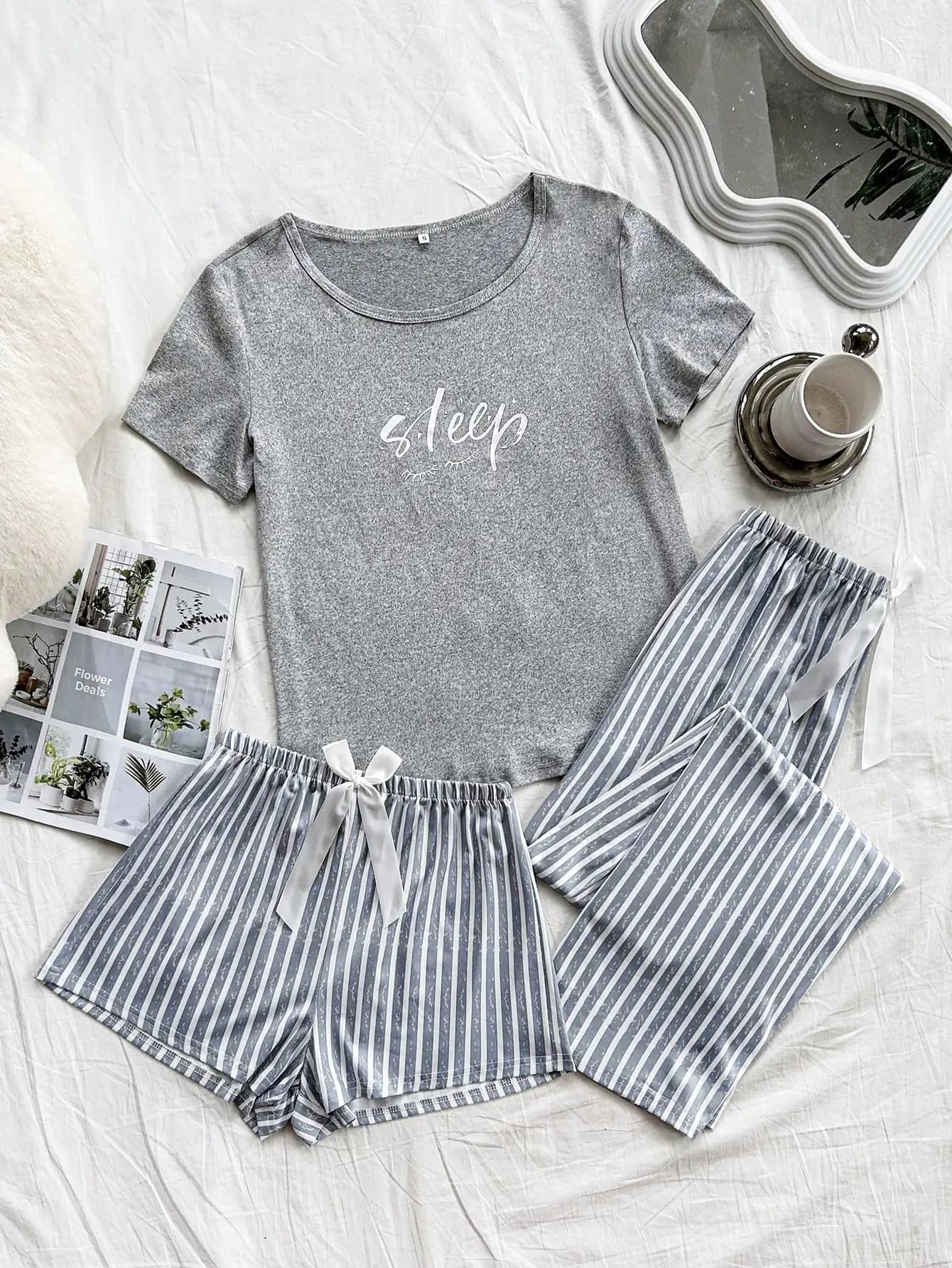 Set da Notte Grigio in 3 Pezzi per Donna con Pantaloncini e Pantaloni a Righe, Top a Maniche Corte