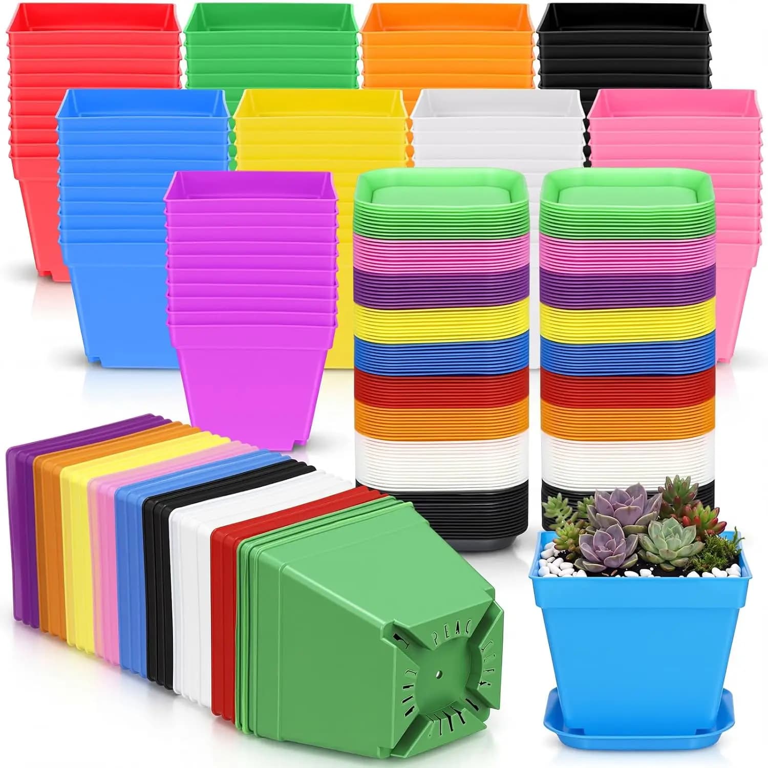 100 Pezzi Vasi Quadrati in Plastica da 4 Pollici con Sottovasi per Piante Grasse da Interno, Balcone e Giardino, Colori alla Moda