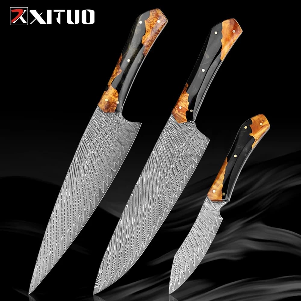 Damascus Kitchen Knives Set 3 Pieces Full Tang Damascus Steel Knife knife Ultra sharp chef knife Slicing knife Fruit knife