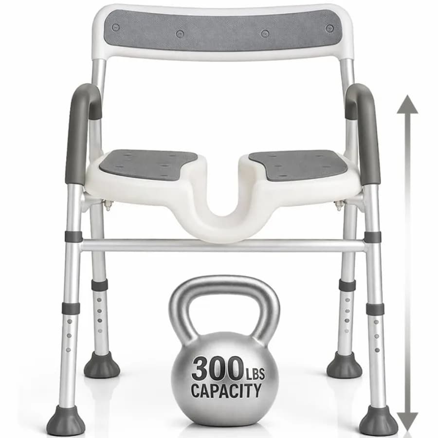 Sedia da Doccia per Anziani e Disabili - Sedia da Bagno Pieghevole Regolabile in Altezza con Braccioli a U - Imbottita con Supporto per la Schiena
