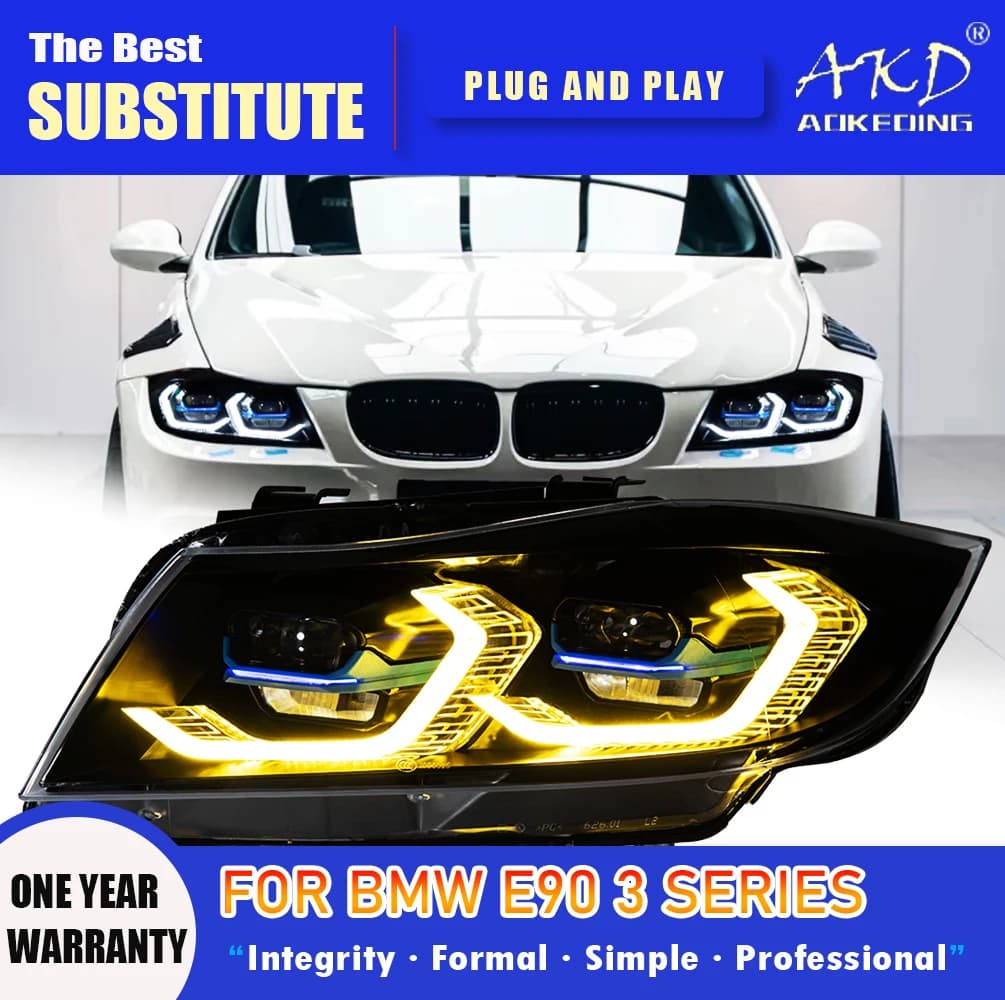 Faro AKD per BMW E90, Faro a LED 2005-2012, Fari 320i 325i 318i con DRL, Indicatore di Direzione, Abbaglianti, Lente Proiettore Angel Eye