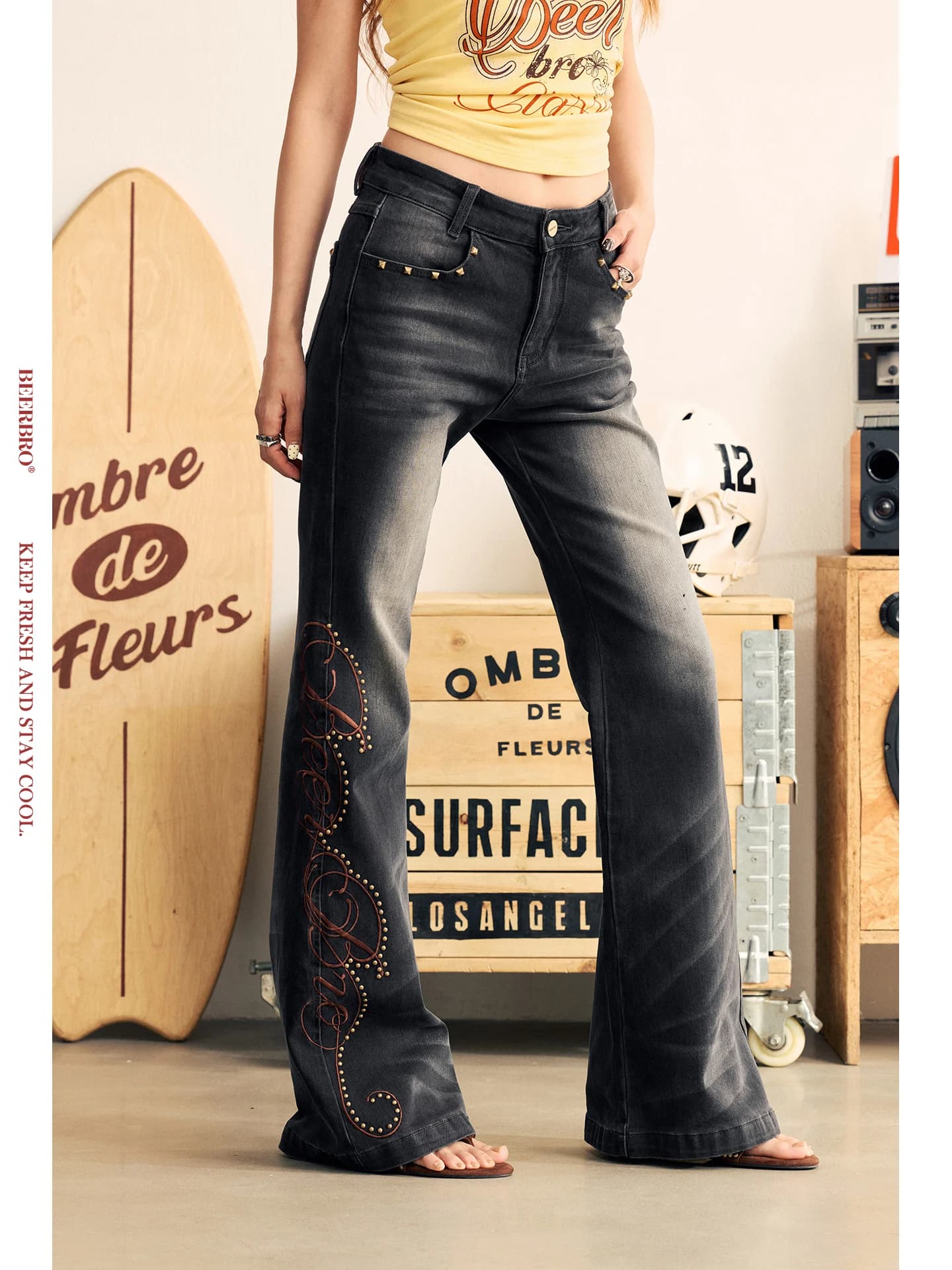 Jeans BeerBro a Vita Alta Slim Fit, Micro Elasticizzati, Leggermente Svasati, Pantaloni in Denim per Festival Musicali, Jeans Attillati a Vita Alta