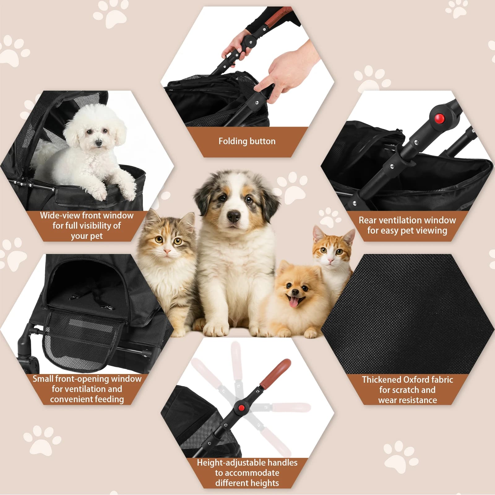 Passeggino per Animali Domestici con Ruote All-Terrain a 360 Gradi ° Ruote Pieghevoli per Cani da Viaggio con Cuscino Rimovibile e Strisce Riflettenti per Cani di Piccola e Media Taglia