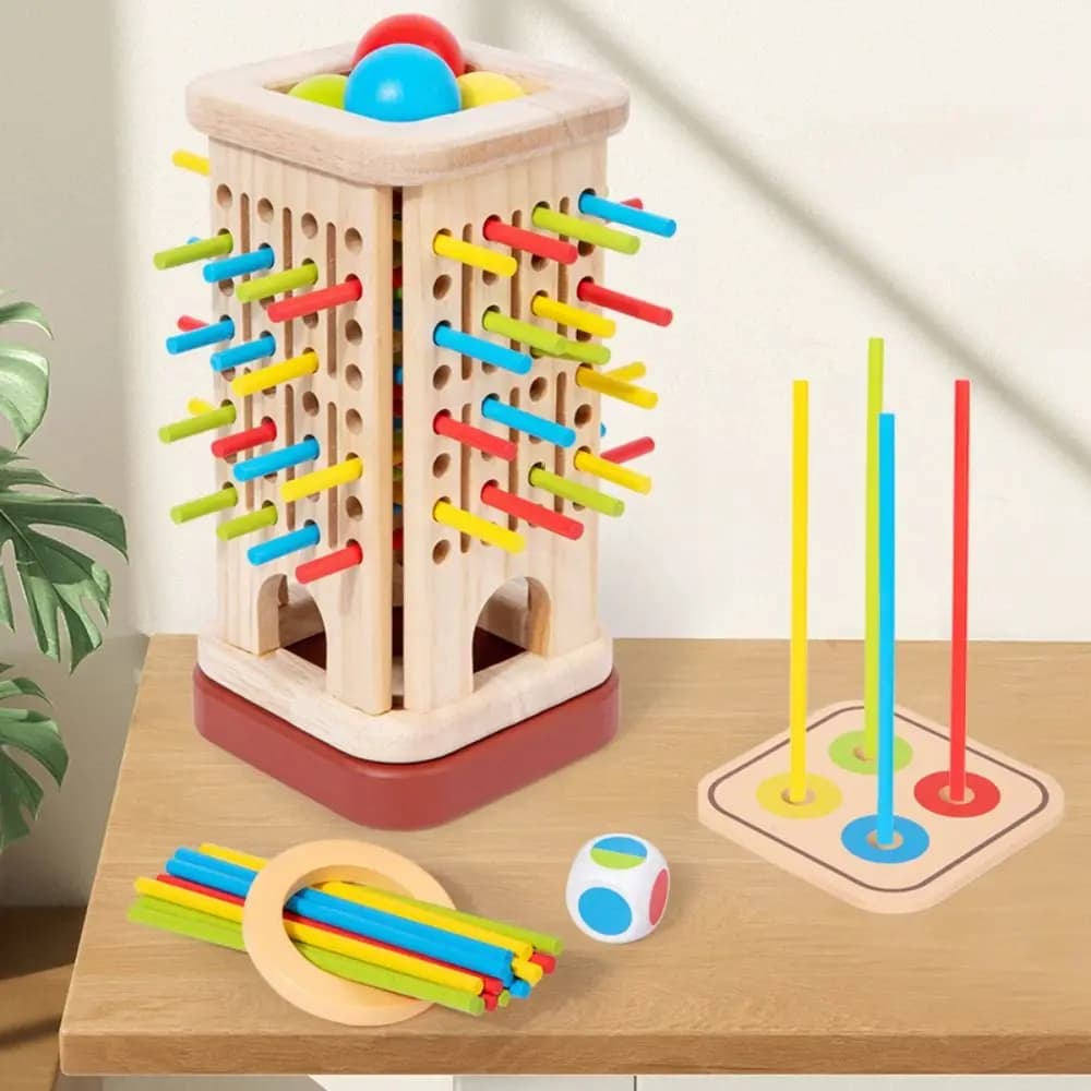 Divertente gioco da tavolo con bastoncini di legno Materiale in legno Abilità motorie fini Set di torre di bastoncini di legno Formazione del pensiero Bastoni colorati