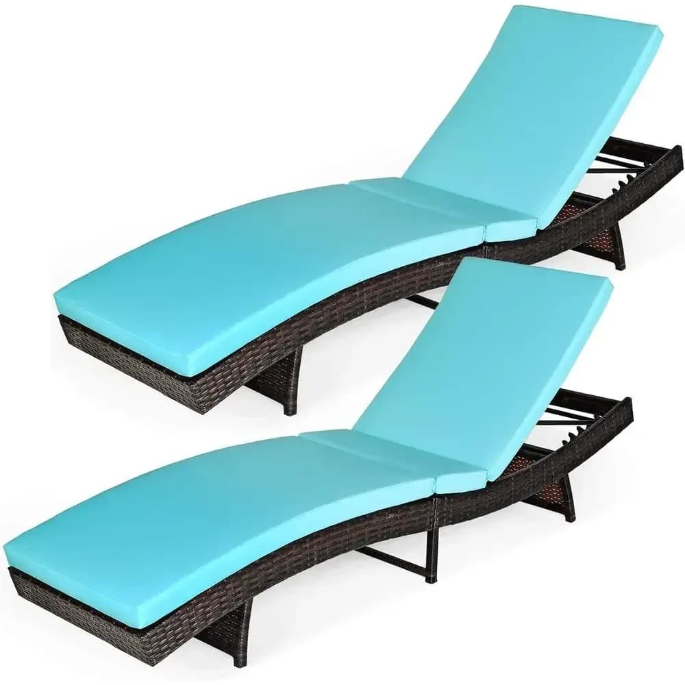 2-Piece Patio Rattan Lounge Chair Set with 5-Gear Adjustable Backrest and Soft Cushion (Turquoise)