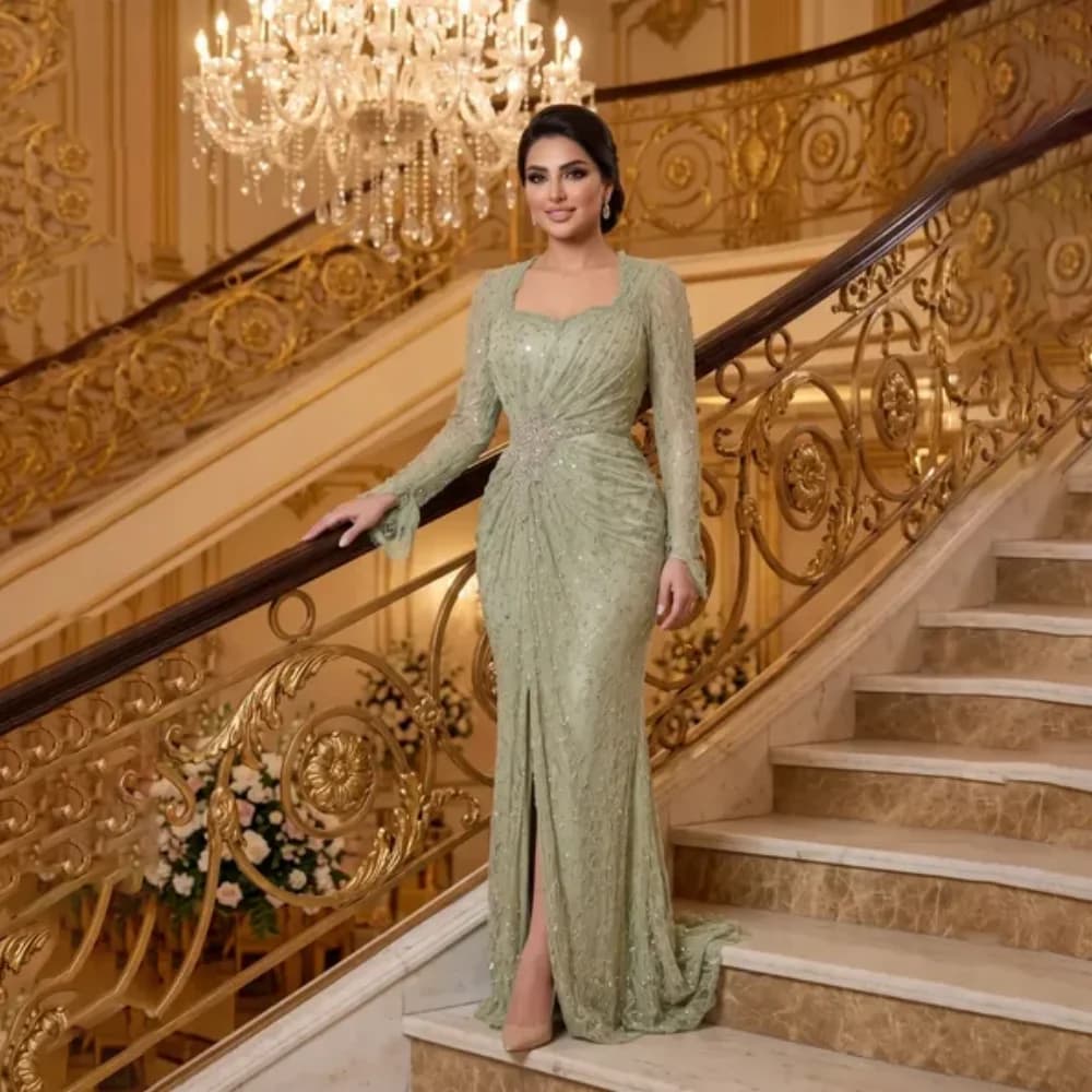 Customized Sage Green Square Neck Mother Of The Bride Gown Rhinestone Lace Long Sleeve Split Mermaid Wedding Guest Maxi Gown