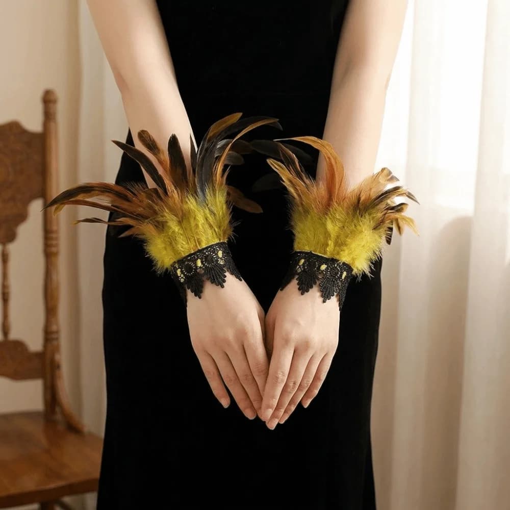 Black Lace Fluffy Feather Wrist Cuffs Adjustable Lightweight Halloween Arm Cuff Gloves Gothic Chic Plume Bracelet Carnival