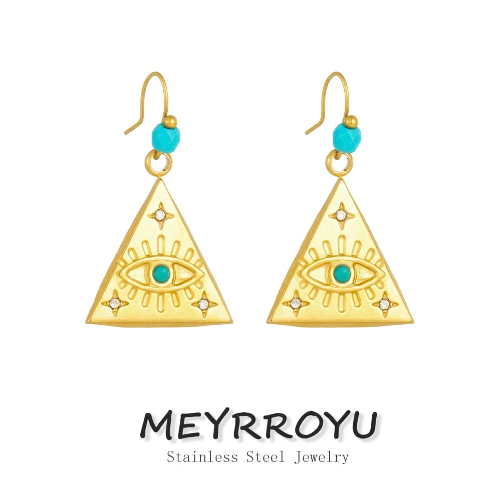 MEYRROYU Acciaio inossidabile 316L Triangolo dorato Intarsio Zircone Occhio del diavolo Orecchini pendenti con turchese Lady Vintage Earbob Gioielli