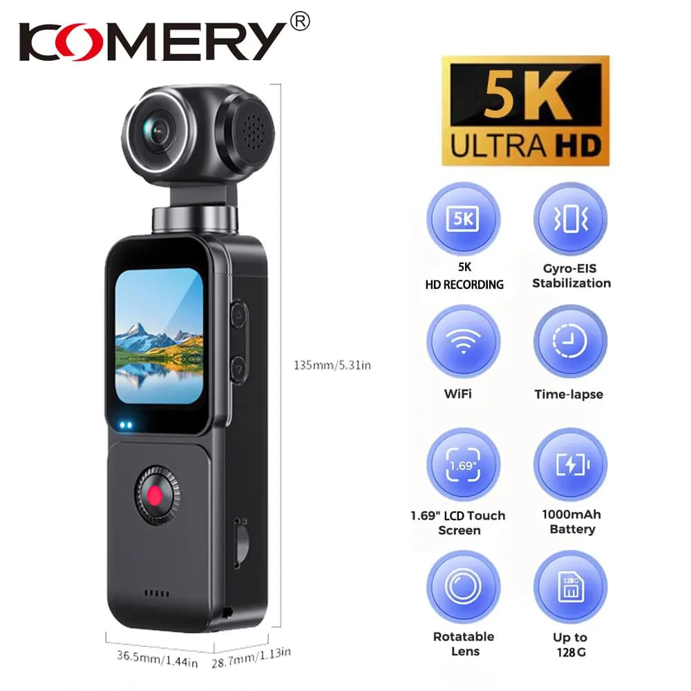 KOMERY OX3 pocket camera, ELS stabilization technology, long-lasting battery, compact and portable, 5K high-definition video