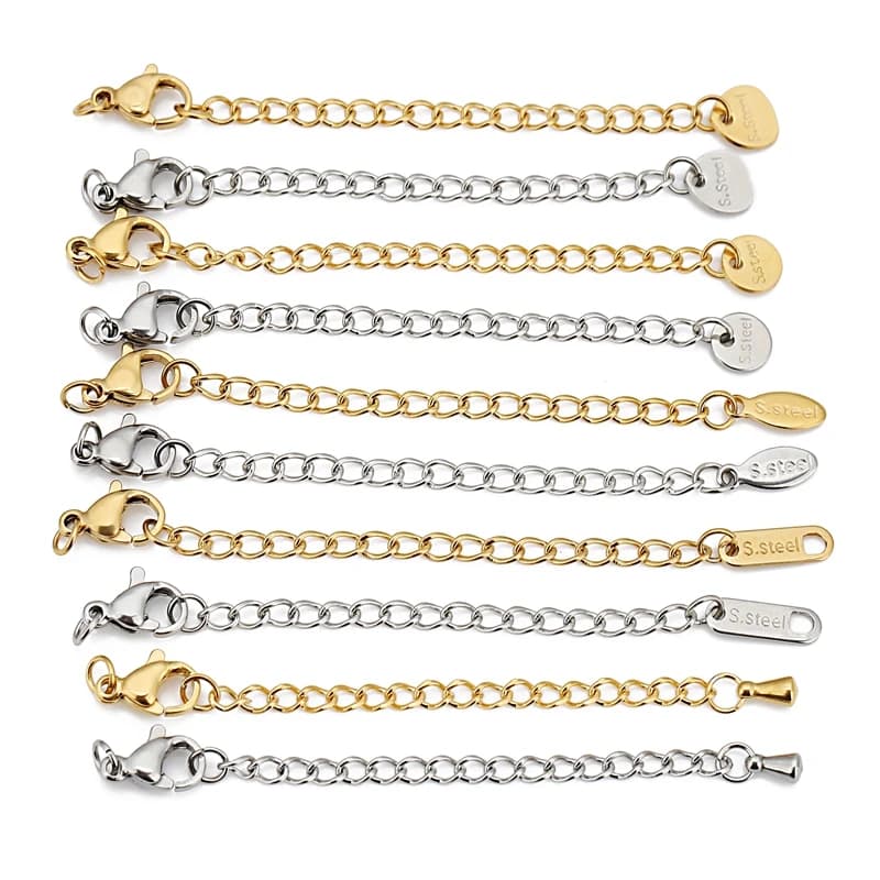10 connettori per fermagli a moschettone con catena di coda di estensione estesa in acciaio inossidabile per gioielli fai da te che realizzano risultati di collane e braccialetti
