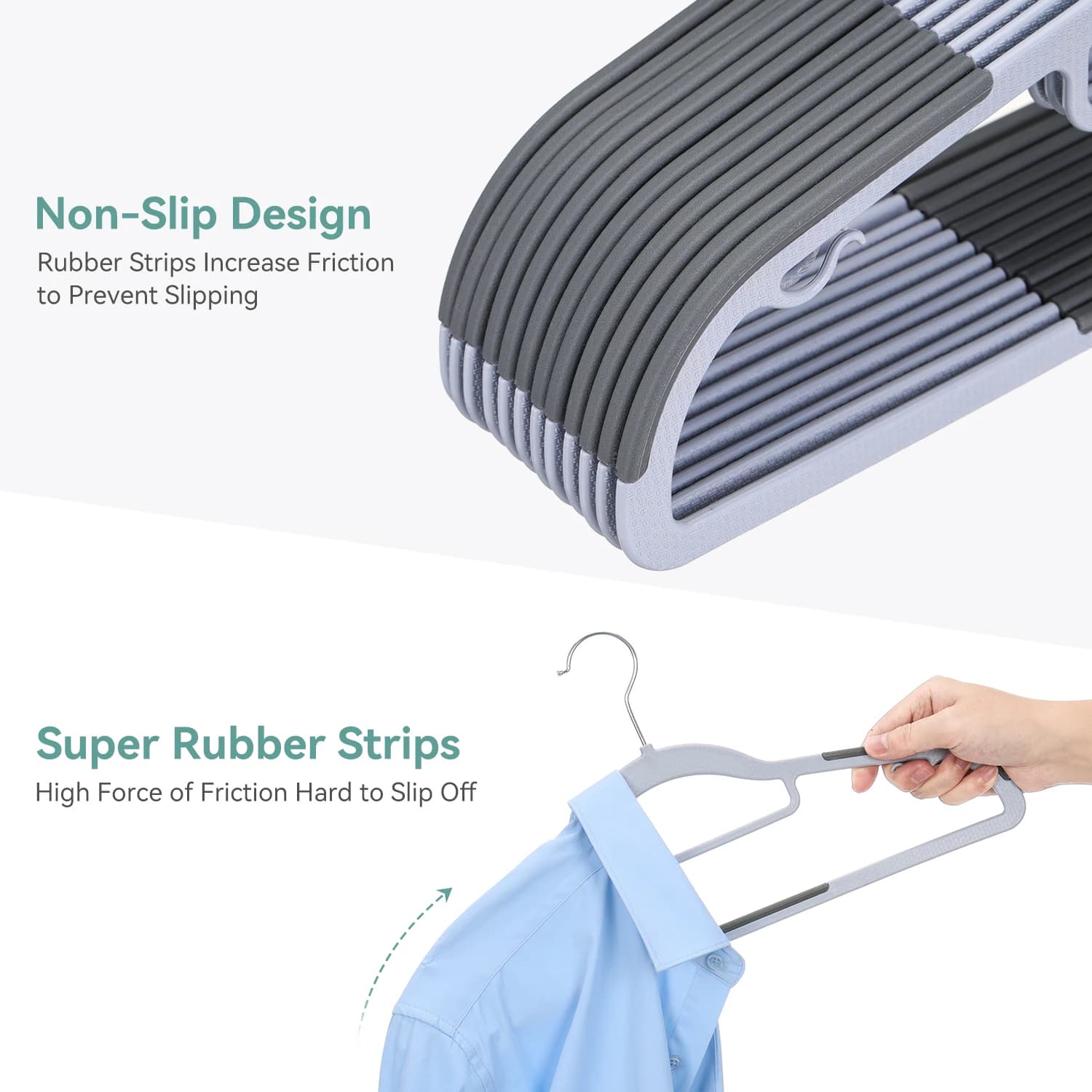 Pack of 30/50 Clothes Hangers, Space Saving Plastic Hangers, Non-Slip, 0.2 Inches Slim, 360° Swivel Silver Hook for Shirts, Pants & Wet/Dry Garments, Light and Dark Gray