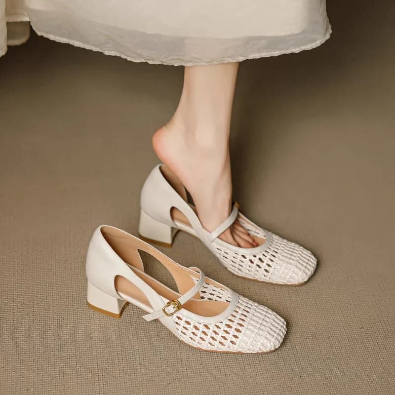 Sandali con punta avvolta con ritaglio intrecciato con tacco largo estivo Punta quadrata da donna Bocca poco profonda Cinturino con tacco a gattino Scarpe Mary Jane