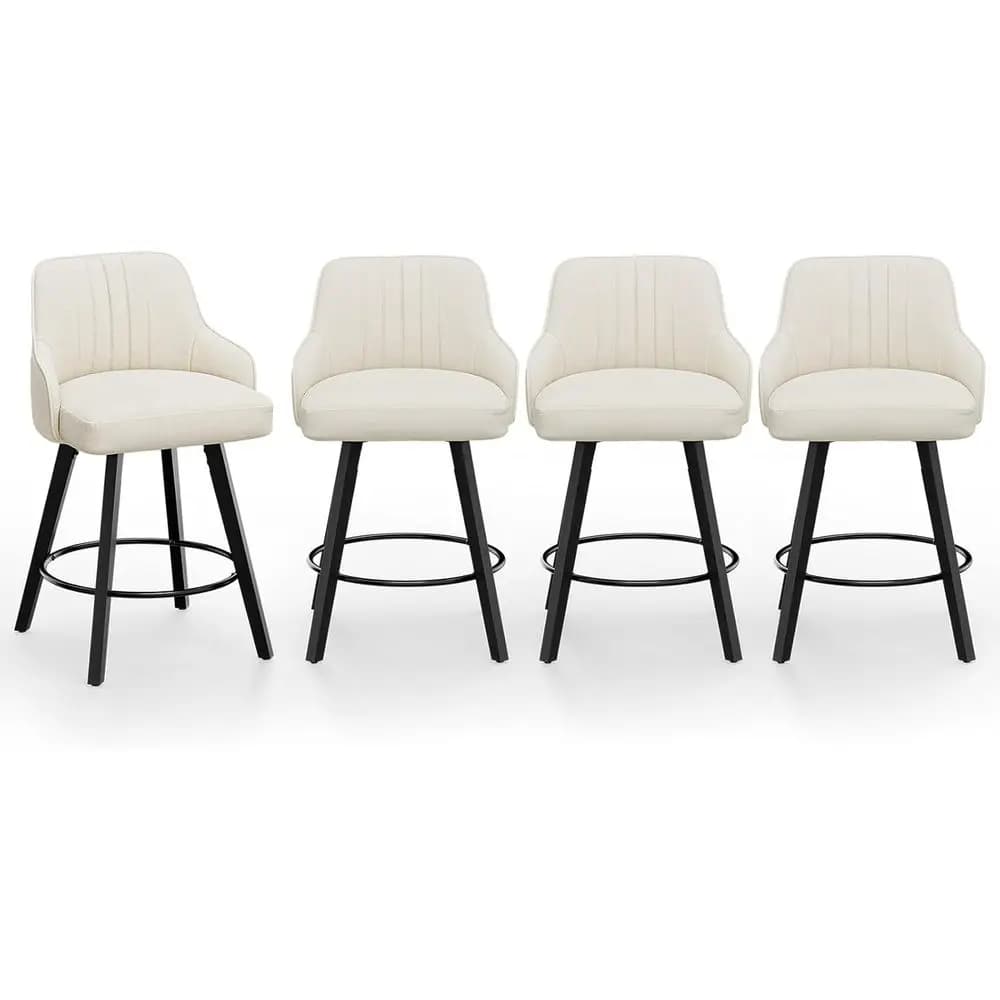 Set of 4 Removable Bar Stools Covered in Linen with Pillow, Beige, Legs in Solid Wood, Kitchen Bench chairs
