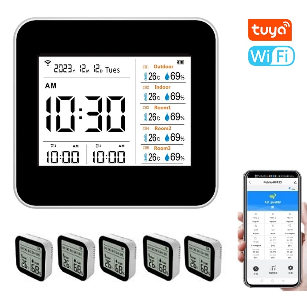13in1 Tuya WIFI Intelligent thermometer Hygrometer Accurate temperature humidity meter for interior Monitor with time/calendary/ alarm