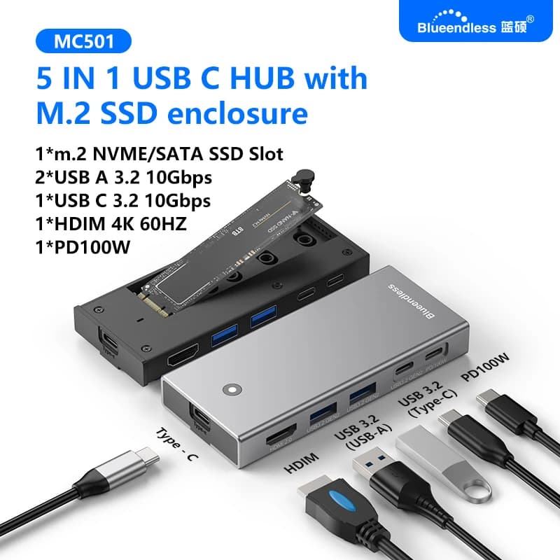 Blueendless M2 Sata/NVMe SSD Enclosure USB C Hub Laptop Docking Station 4K 60Hz HDMI-Com USB3.2 10Gbps PD100W SD/TF SSD Case