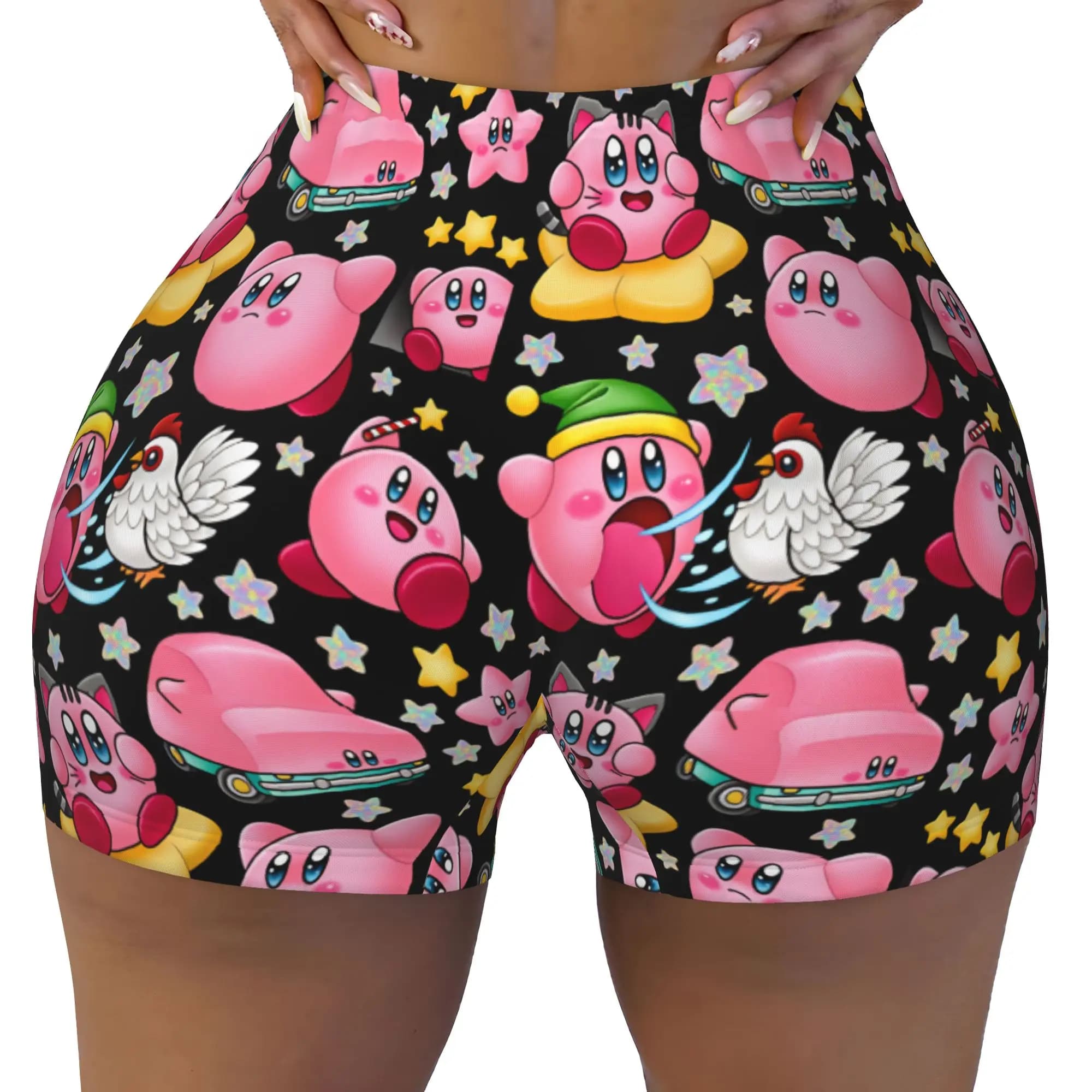 Kirby Rainbow Star Rooster Seamless Pattern Volleyball Biker Workout Shorts for Women Gym Athletic Yoga Shorts