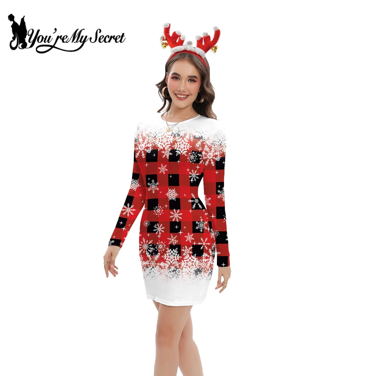 [You're My Secret] Xmas Party Christmas Dress Women's Snowflake Printed Dress New Year Party Performance Cosplay Costume