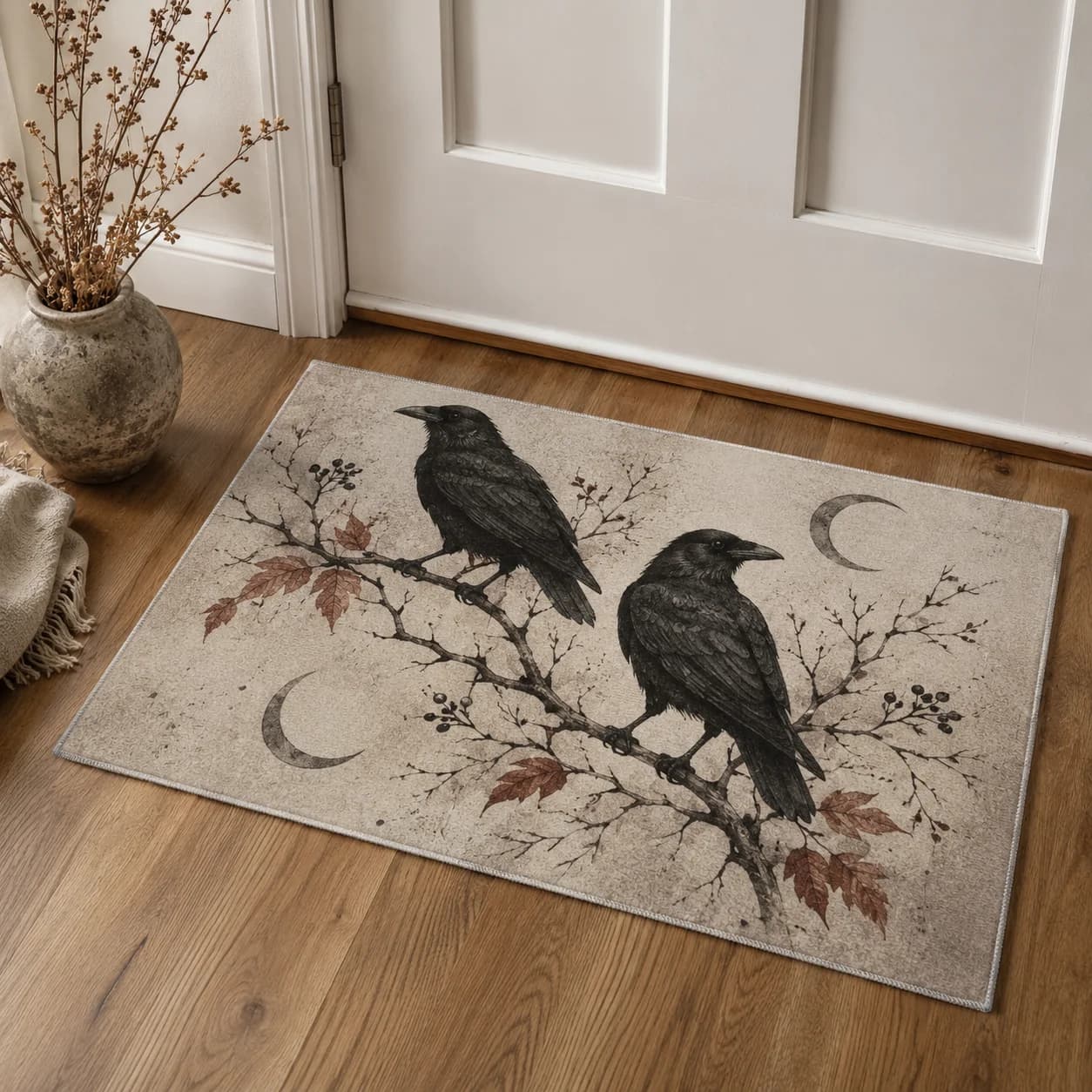 Custom Halloween Doormat Mystical Moon Fall Welcome Mat Gothic Spooky Bird Print Non‑Slip Entrance Rug Indoor Outdoor Home Decor