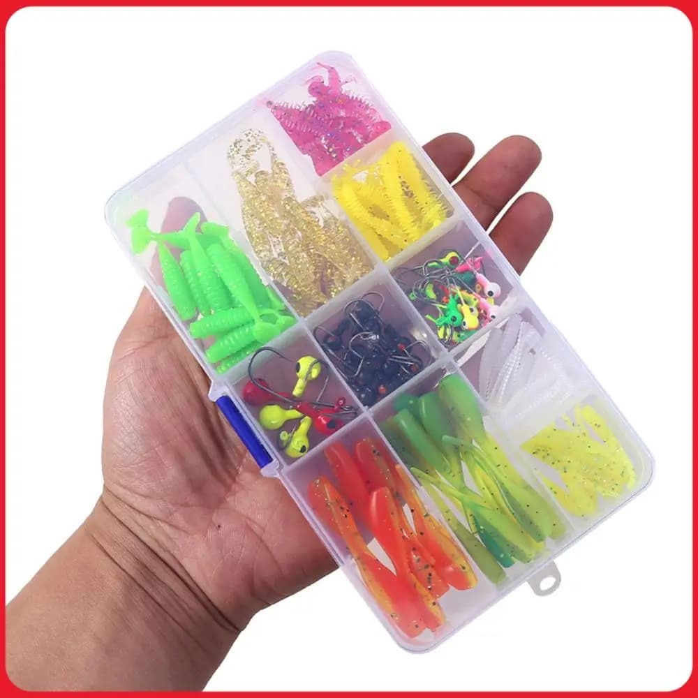 Kit of 115 Fishing baits with T-tail, Soft bait set with Amo Jig, Fishing equipment box