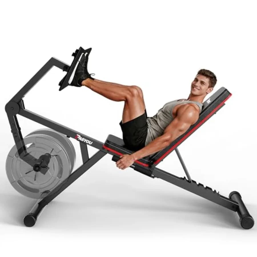 Pressa per gambe da palestra domestica con panca pesi regolabile ed estensione per gambe, struttura in acciaio nera, supporta dischi da 1'' e 2''