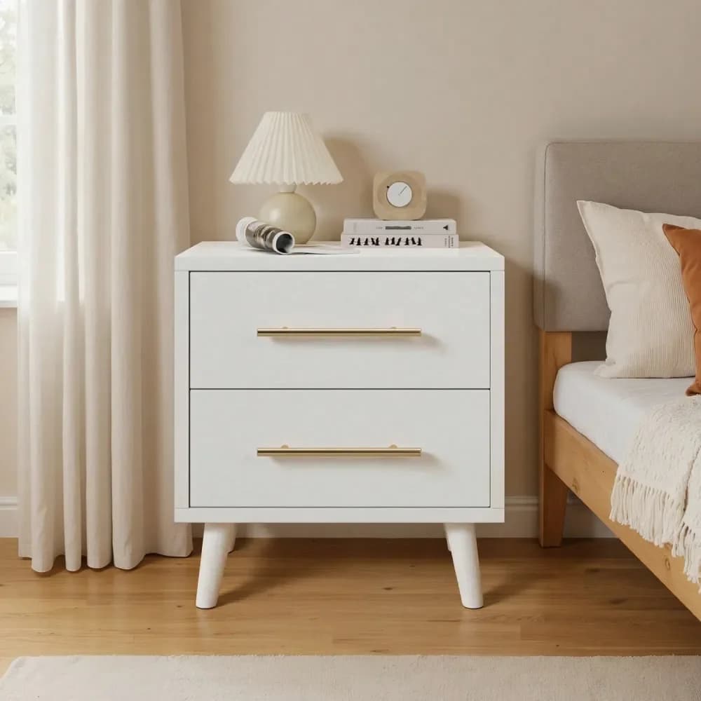 Comodino con 2 cassetti in legno, comodino con maniglie in metallo per camera da letto, bianco