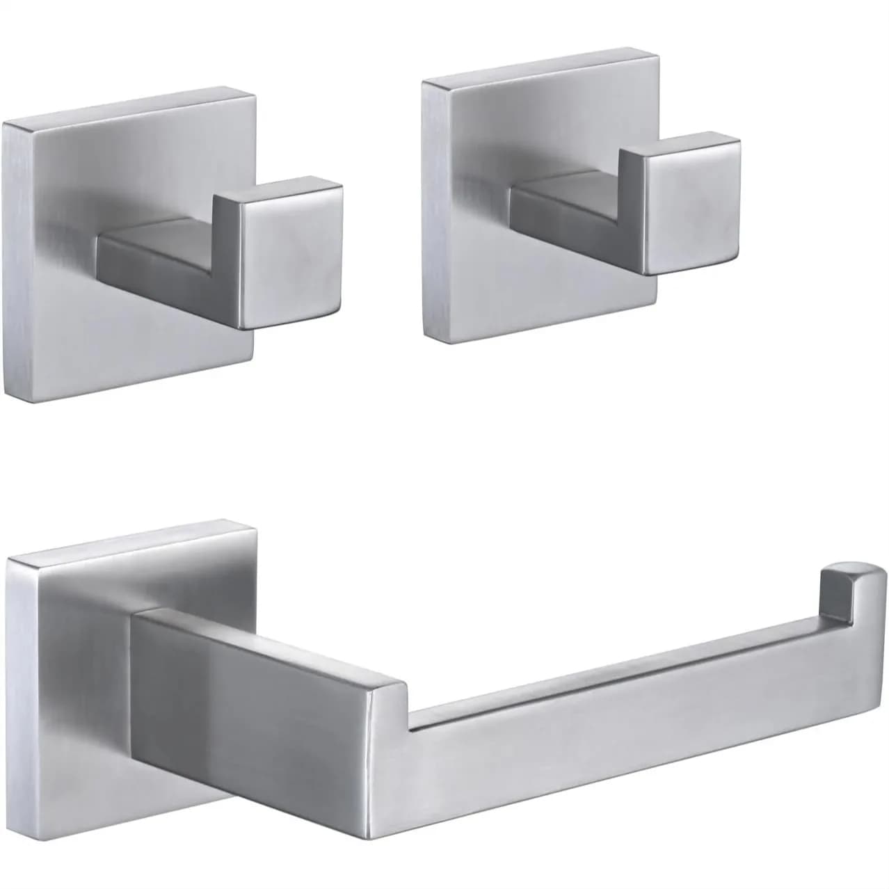 Set di accessori per il bagno in nichel spazzolato da 3 pezzi, porta carta igienica con 2 ganci per asciugamani quadrati, montaggio a parete, acciaio inossidabile