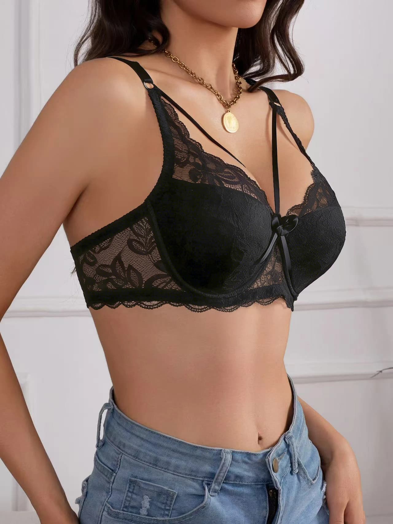Reggiseno sexy in pizzo regolabile con coppe sottili 3/4, senza ferretto, taglie forti, copricapezzoli, lingerie da donna